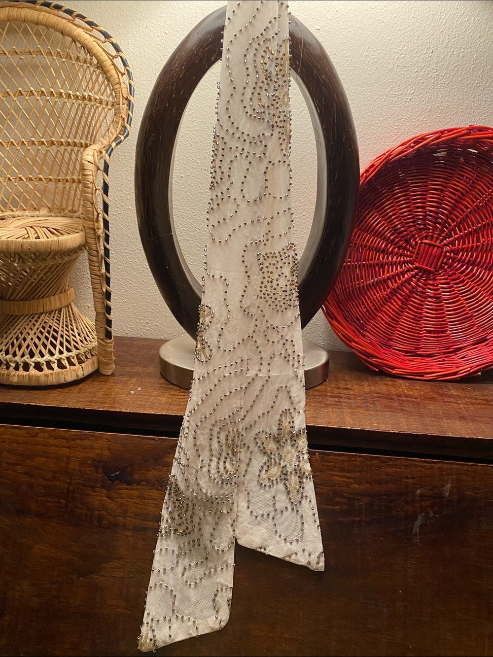 Vintage - off white -silk studded beaded scarf/ tie / sash belt